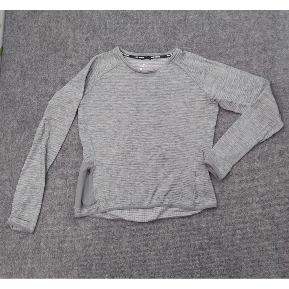 Nike Running Top Womens Medium Gray Dri Fit Long Sleeve Thumbholes Zip Pocket